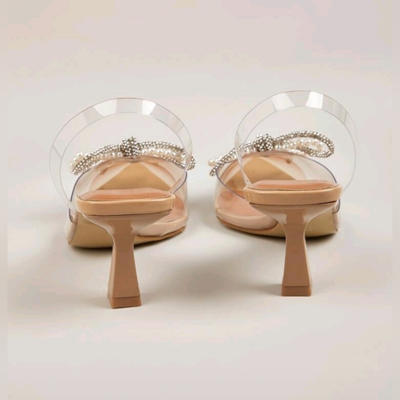 Nude/Clear Pointed Sling Back Kitten Heels with Pearl & Crystal Bow - Picture 4 of 7